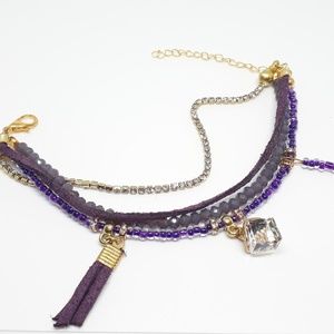 Purple Glass Beads Tassel & Crystal Charm Bracelet